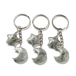 Лабрадорита Брелки с подвеской в виде луны и звезды из натурального лабрадорита Рейки, с железными кольцами для ключей, 7.8 см