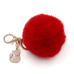 FireBrick Imitation Rabbit Fur Pom-Pom & Cat Keychain, Bag Pendant Decoration, FireBrick, 8cm