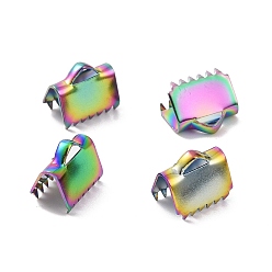 Rainbow Color Ion Plating(IP) 304 Stainless Steel Ribbon Crimp Ends, Rainbow Color, 9.5x10.5mm, Hole: 1.5x3mm