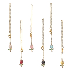 Mixed Color Tulip Alloy Enamel Pendants Wine Glass Charms Sets, with Zinc Alloy Lobster Claw Clasps & Brass Coated Iron Cable Chains, Mixed Color, 200mm, 6pcs/set