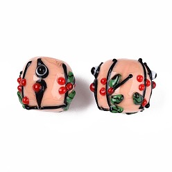 Персиковый Слойка Ручной работы ухабистым Шарики Lampwork, бочка, ветка и глаз, розовые, 16~17.5x16.5~20.5 мм, отверстие : 1.8~3.8 мм