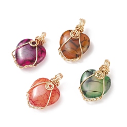 Mixed Color Natural Agate Pendants, Dyed, Golden Tone Copper Wire Wrapped Heart Charms, Mixed Color, 30.5x20x8mm, Hole: 4mm