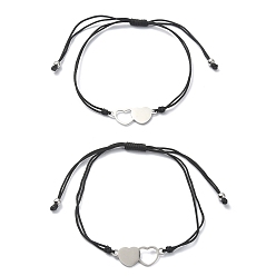 Black Friendship & Valentine's Day Theme Stainless Steel Interlocking Love Heart Link Bracelets Sets, Adjustable Nylon Thread Braided Bracelet, Black, 0.2cm, Inner Diameter: 2-3/8~3-3/8 inch(6~8.5cm), 2pcs/set