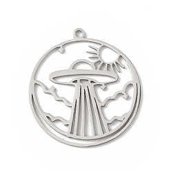 Stainless Steel Color 304 Stainless Steel Pendants, Hollow, Flat Round with UFO Charm, Stainless Steel Color, 27x24.5x0.9mm, Hole: 1.4mm