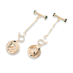 Real 18K Gold Plated Brass Clear & Green Cubic Zirconia Toggle Clasps, Cadmium Free & Nickel Free & Lead Free, Flat Round with Unicorn, Real 18K Gold Plated, Unicorn: 20x18x3.5mm, Hole: 1.4mm, Bar: 20.5x6x5mm, Hole: 1.4mm, Chain: 30mm