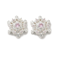 Бледно-Розовый Рождественские латунные бусины с инкрустацией кубическим цирконием, снежинка, 925 серебро покрытием, розовый жемчуг, 14.5x12.5x7 мм, отверстие : 1.8 мм