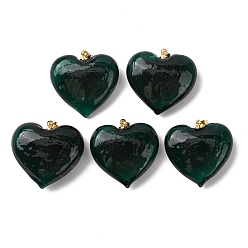 Темно-серый Подвески лэмпворк ручной работы, с реечной накладкой из латуни с золотистым напылением, долговечный, шарма сердца, темно-серый, 28.5x30.5x12.5 мм, отверстие : 6 мм