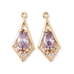 лаванда Латунные микро проложить кубического циркония подвески, ромб, реальный 18 k позолоченный, лаванда, 23x10x4 мм, отверстие : 1.2 мм