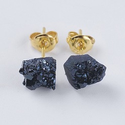 Hematite Plated Brass Ear Stud Components, with Natural Druzy Agate, Nuggets, Hematite Plated, 6~9x5~8.5x3~7mm, Pin: 0.7mm