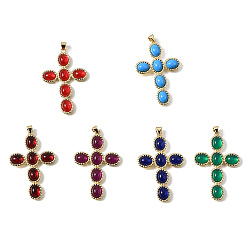 (52) Непрозрачная лаванда Подвески из латуни и стекла, крестик, реальный 18 k позолоченный, разноцветные, 45x29.5x5 мм, отверстие : 3.5x3.2 мм