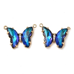 Cyan Brass Pave Faceted Glass Connector Charms, Golden Tone Butterfly Links, Cyan, 17.5x23x5mm, Hole: 0.9mm