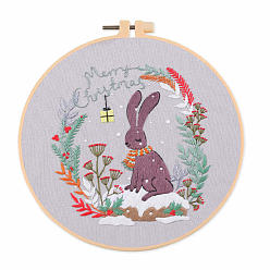Rabbit DIY Christmas Theme Embroidery Kits, Including Printed Cotton Fabric, Embroidery Thread & Needles, Plastic Embroidery Hoop, Rabbit, 200x200mm