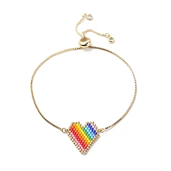 Colorful Rainbow Color Japanese Seed Braided Heart Link Slider Bracelet, Cubic Zirconia Tiny Charms Adjustable Bracelet with Brass Box Chains for Women, Colorful, Inner Diameter: 5/8~3 inch(1.5~7.6cm)