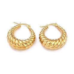 Real 24K Gold Plated 304 Stainless Steel Hoop Earrings, Hypoallergenic Earrings, Textured, Double Horn/Crescent Moon, Real 24K Gold Plated, 28x25x9mm, Pin: 1mm