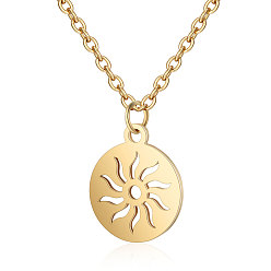 Golden 201 Stainless Steel Pendants Necklaces, Flat Round with Sun, Golden, 16.3 inch(40cm)x1mm