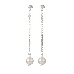 Platinum Brass Rhinstone Strass Chains Dangle Stud Earrings, with Round Shell Pearl Beads, 304 Stainless Steel Jewelry for Women, Platinum, 80mm, Pin: 0.8mm