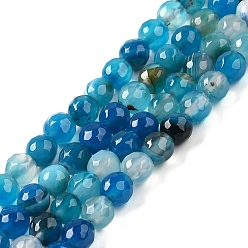 Dodger Blue Natural Striped Agate/Banded Agate Beads Strands, Dyed & Heated, Faceted Round, Dodger Blue, 12mm, Hole: 1.2mm, about 32pcs/strand, 15''(38.1cm)