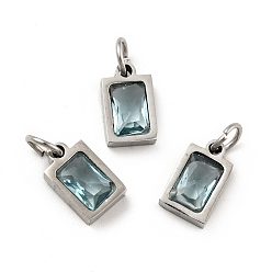 Light Cyan 304 Stainless Steel Pendants, with Cubic Zirconia and Jump Rings, Single Stone Charms, Rectangle, Stainless Steel Color, Light Cyan, 9.5x6x3mm, Hole: 3.6mm