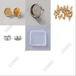 Mixed Color 48Pcs 2 Styles Stainless Steel Stud Earring Findings, with Cabochon Settings, Flat Round, with 48Pcs 2 Styles Stainless Steel Ear Nuts, Mixed Color, 15.5x11.5mm, Hole: 2.5mmTray Size: 10mm