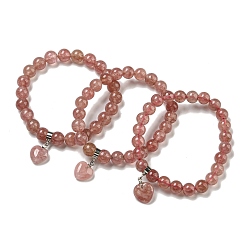 Клубничный Кварц 8.5круглые эластичные браслеты из натурального клубничного кварца диаметром мм, Женские браслеты с подвесками в виде сердечек с латунными дужками, внутренний диаметр: 2-1/8 дюйм (5.5 см)
