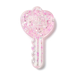 Pink Acylic Pendant with Glitter Powder, Key with Heart, Pink, 57.5x29.5x6mm, Hole: 2.3mm
