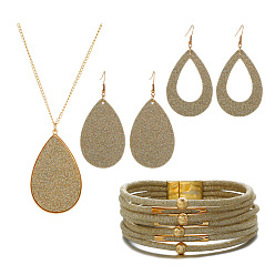 Gold Textured Imitation Leather Teardrop Pendant Necklace & Dangle Earrings & Multi-Strand Bracelet, Golden Alloy Jewelry Set for Women, Pale Goldenrod, 850mm, 78x37mm, 80x39mm, 192mm In Diameter