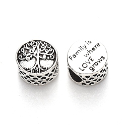 Античное Серебро Тибетский стиль сплава настройки эмали европейский шарик, бусины с большим отверстием, без свинца, плоский круг со словом семья - это место, где растет любовь, античное серебро, 10x7 мм, Отверстие : 4.5 мм , около 370 шт / 1000 г