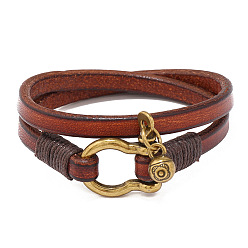 brown Retro Style Double Circle Men's Leather Bracelet with Simple Horseshoe Buckle