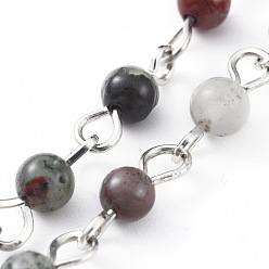 Bloodstone Handmade Natural African Bloodstone Beaded Chains, Unwelded, with Iron Eye Pin, Platinum, 12x4mm, 39.37 inch(1m)/strand
