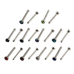 Mixed Color Rhinestone Nose Bone Rings, 304 Stainless Steel Nose Pin Studs Piercing Jewelry, Mixed Color, 9x2mm