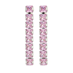 Бледно-Розовый Латунные микро проложить серьги стержня кубического циркония, прямоугольные, платина, розовый жемчуг, 35x5 мм