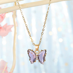 purple Delicate Crystal Butterfly Pendant Necklace - Lockbone Chain Jewelry, Exquisite Design.