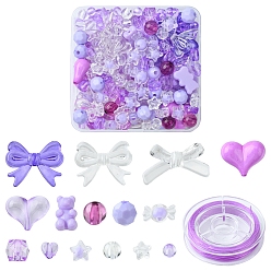 Purple DIY Cute Beaded Stretch Bracelet Making Kit, Including Star & Square & Candy & Heart & Bowknot & Bear & Round Acrylic Beads, Elastic Thread, Purple, Beads: 150Pcs/box