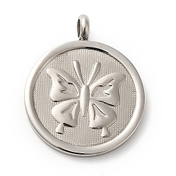 Butterfly 304 Stainless Steel Pendants,  Stainless Steel Color, Flat Round, Butterfly, 31x25x2mm, Hole: 4mm