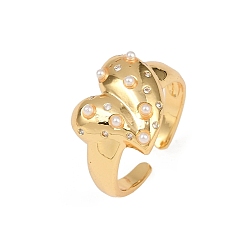 Настоящее золото 18K Регулируемые манжетные кольца с микропаве из кубического циркония из латуни, сердце, с абс пластмассовой имитационной жемчужиной, стойки покрытие, долговечный, без кадмия и без свинца, реальный 18 k позолоченный, внутренний диаметр: регулируемый