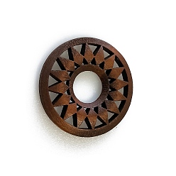 Coconut Brown Wood Pendants, for Earring Jewelry Making, Donut with Flower, Coconut Brown, 35mm