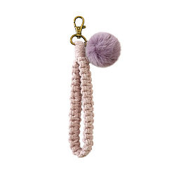 Linen Handmade Macrame Braided Cotton Cord Pendant Decorations, Boho Weave Wristlet with Fur Ball and Alloy Clasp, Linen, Perimeter: 230mm