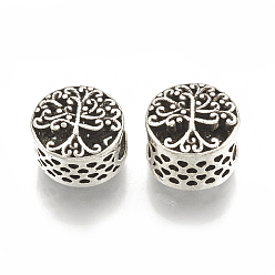 Antique Silver Tibetan Style Alloy Beads, Hollow, Large Hole Beads, Flat Round with Tree of Life, Antique Silver, 12x11x9mm, Hole: 5.5mm