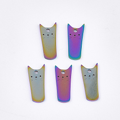 Rainbow Color Ion Plating(IP) 201 Stainless Steel Kitten Pendants, Rectangle with Cat Shape, Rainbow Color, 20x8x1mm, Hole: 1.6mm