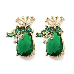 Green Rack Plating Real 18K Gold Plated Brass Butterfly Stud Earrings, with Cubic Zirconia and Rhinestone, Long-Lasting Plated, Lead Free & Cadmium Free, Green, 18.5x13mm