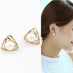 Triangle Alloy Earrings for Women, with Imitation Pearl Beads, Triangle, 18x11mm