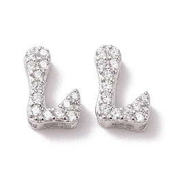 Letter L 925 Sterling Silver Micro Pave Cubic Zirconia Beads, Real Platinum Plated, Letter L, 9x6x3.5mm, Hole: 2.5x1.5mm