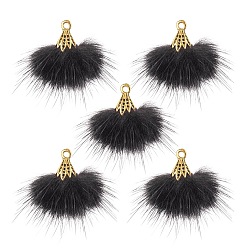Noir Décorations pendantes de pompon en fausse fourrure de vison, avec les accessoires en alliage d'or antique, noir, 20~30x28~30mm, Trou: 1.8mm