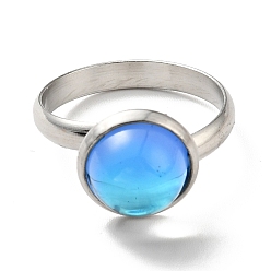 Темно-Голубой K9 стеклянное плоское круглое кольцо на палец, 304 женские украшения из нержавеющей стали, цвет нержавеющей стали, глубокое синее небо, размер США 7 3/4 (17.9 мм), кольцо поверхность: 12x7mm