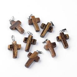 Tiger Eye Natural Tiger Eye Pendants, Dyed, with Brass Pinch Bails, Platinum Plated, Cross, 23.5~28x15~18x4mm, Hole: 3x6mm