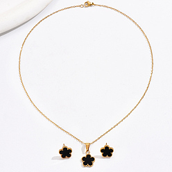 Black Acrylic Flower Jewelry Set, Real 18K Gold Plated Stainless Steel Stud Earring & Pendant Necklace, Black, 17.32inch(44cm), 13x13mm