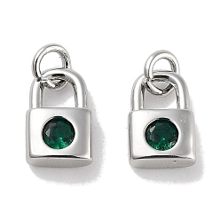Green Brass Micro Pave Cubic Zirconia Charms, with Jump Ring, Lock, Platinum, Green, 9x5.5x2.5mm, Hole: 1.6mm