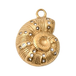 Золотой 304 подвески из нержавеющей стали, Подвески в форме морской улитки/ракушки, со стразами, ионное покрытие (ip), зеркальная полировка, золотые, 22.5x16.5x5.5 мм, отверстие : 2.5 мм
