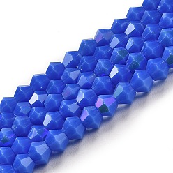 Medium Blue Opaque Solid Color Imitation Jade Glass Beads Strands, AB Color Plated, Faceted, Bicone, Medium Blue, 4x4mm, Hole: 0.8mm, about 87~98pcs/strand, 12.76~14.61 inch(32.4~37.1cm)