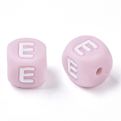 Letter E Food Grade Eco-Friendly Silicone Beads, Horizontal Hole, Chewing Beads For Teethers, DIY Nursing Necklaces Making, Letter Style, Cube, Pink, Letter.E, 12x12x12mm, Hole: 2mm